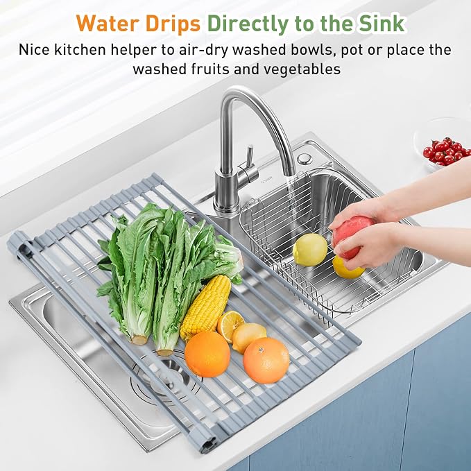 MERRYBOX Roll Up Dish Drying Rack, Over The Sink Dish Rack Foldable, Heat-Resistant, Anti-Slip Silicone Coated Dish Drainer for Kitchen Counter, Large & Multipurpose Sink Drying Rack, 20.5" x 13.1"