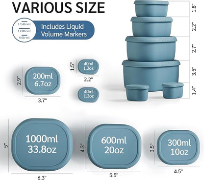 ISSEVE 6Pcs/Set Nesting Silicone Food Storage Containers with Lids, BPA Free Reusable Meal Prep Silicone Containers Lunch Box Bento Box Set (33.8oz, 20oz, 10oz, 6.7oz, 1.3oz) (Blue)