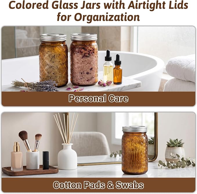 32 oz Amber Mason Jars with Stainless Steel Leakproof Lids, 2 Pack Wide Mouth Colored Glass Jars for DIY Crafts, Wedding Centerpieces, Home Decor, Flower Vase, Bathroom Storage