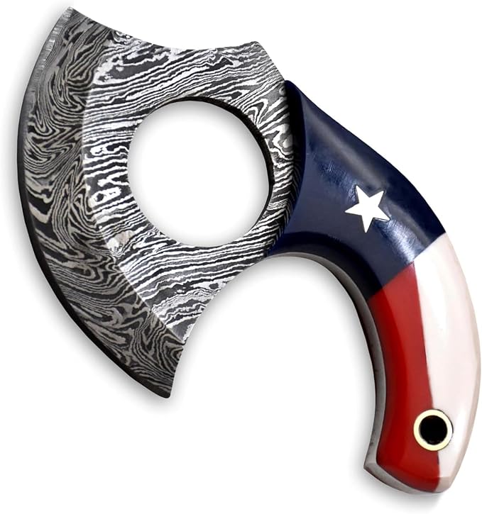 Custom Damascus Steel Ulu Knife Traditional Alaskan Ulu Multi-Purpose Pizza Cutter,Vegetable Chopping, Boning Slicing Cutting Texas Flag Resin Handle Leather Sheath (SUB-02)