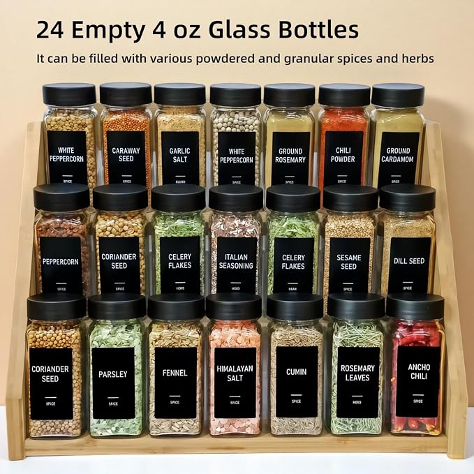 Spice Jars with Labels - 24 Glass Spice with Shaker Lids & Airtight Plastic Caps - 4oz Complete Seasoning Containers Organizer Set for Cabinet, Drawer & Rack (Black)