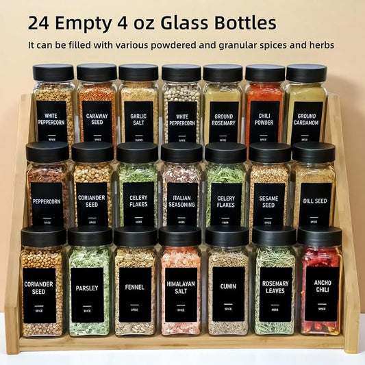 Spice Jars with Labels - 24 Glass Spice with Shaker Lids & Airtight Plastic Caps - 4oz Complete Seasoning Containers Organizer Set for Cabinet, Drawer & Rack (Black)