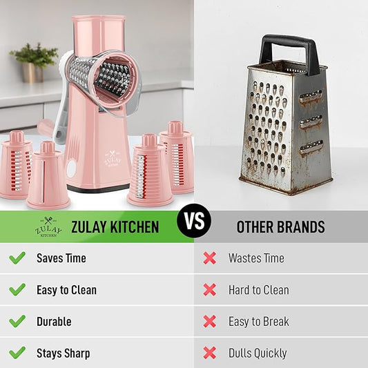 Zulay Kitchen Rotary Cheese Grater 5 Blade Cheese Shredder - Manual Hand Crank Cheese Grater With Reinforced Suction & 5 Interchangeable Drums - Easy to Use, Vegetable Chopper Round Mandoline Slicer