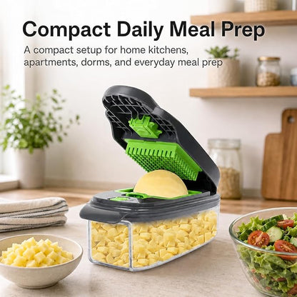 2-in-1 Vegetable Dicer, Onion Chopper with 6.7mm and 13.5mm Dicing Blades, 1.5L Food Prep Container for Salad, Potato, Tomato, Home Kitchen Meal Prep(Greygreen)