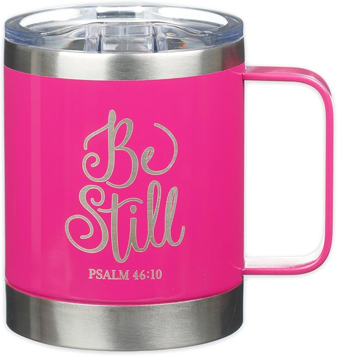 Christian Art Gifts Stainless Steel Double Wall Vacuum Insulated Camp Style Travel Mug 11 oz Pink Coffee Mug with Retractable Lid and Handle for Women with Bible Verse - Be Still -Psalm 46:10