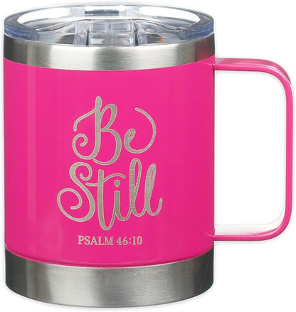 Christian Art Gifts Stainless Steel Double Wall Vacuum Insulated Camp Style Travel Mug 11 oz Pink Coffee Mug with Retractable Lid and Handle for Women with Bible Verse - Be Still -Psalm 46:10