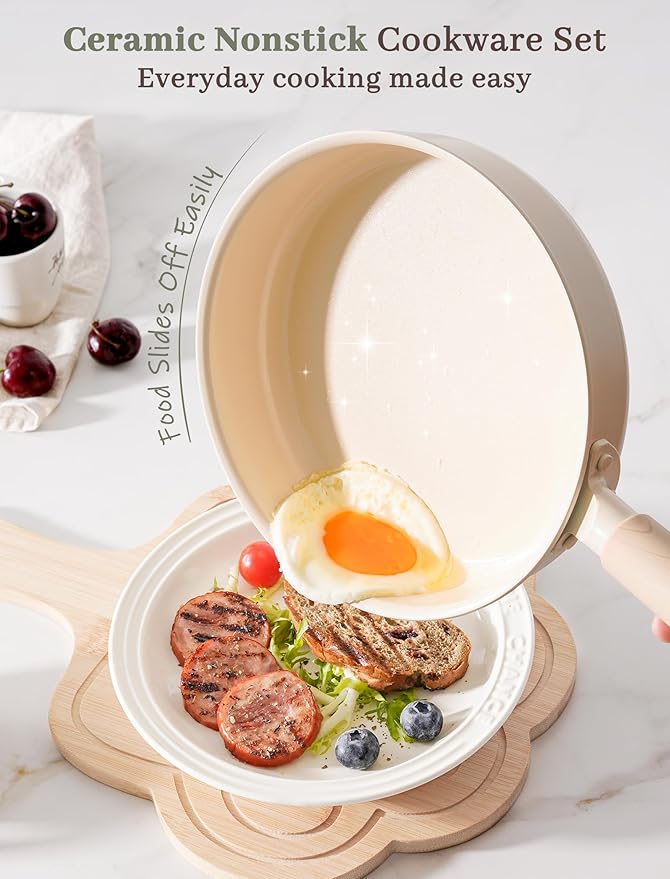 Astercook Pots and Pans Set Non Stick, Ceramic Cookware Set Non Toxic, 18 Pcs Dishwasher Safe Induction Cookware for Everyday Cooking & Housewarming Gifts