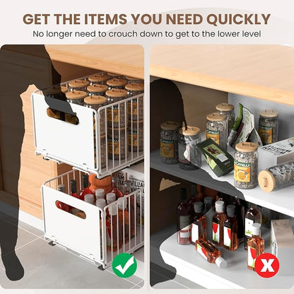 2 Pack Pull Out Cabinet Organizer, Heavy Duty Slide Out Drawer with No Drill Adhesive or Screw Mount, Carbon Steel Roll Out Shelf for Kitchen Cabinet, Pantry & Bathroom Storage