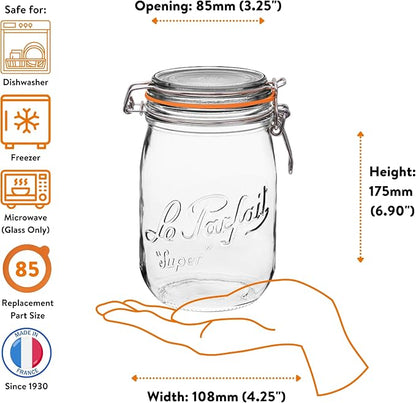 Le Parfait Super Jar 1L (32oz) French Glass Preserving Jar w/Airtight Rubber Seal & Wire Bail Closure - BPA-Free Canning Jar for Pickles, Fruits, Sauces & Food Storage - Made in France Since 1930 4PK