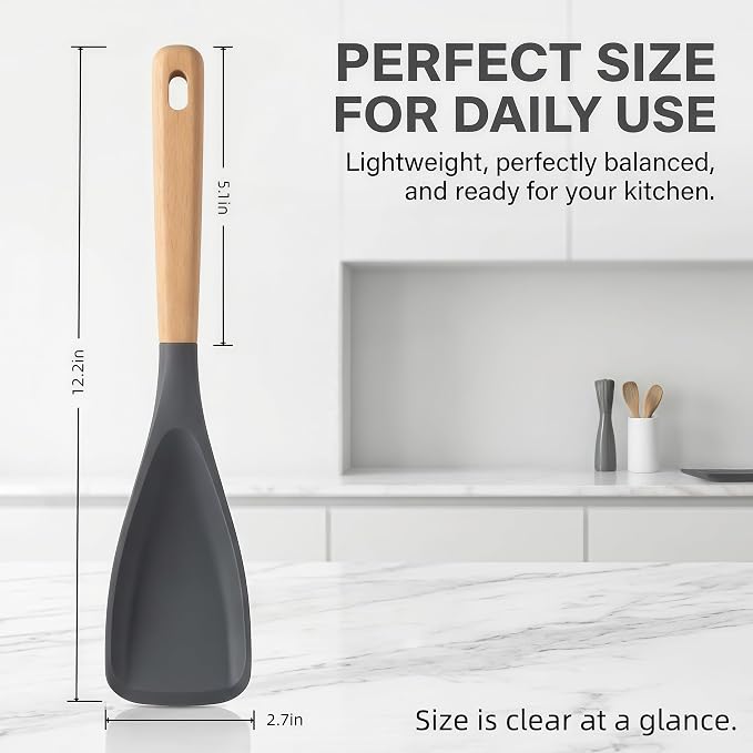 Silicone Spoon Spatula for Cooking, Flexible Spoon for Stirring, Scooping and Scraping, Safe for Nonstick Cookware,Grey