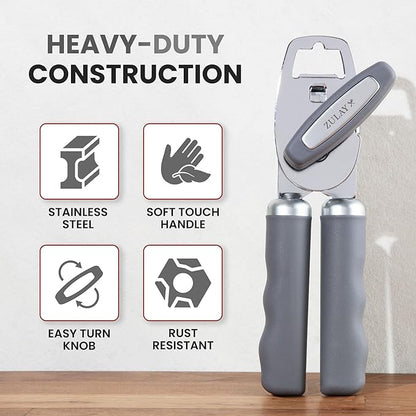 Zulay Kitchen Heavy Duty Stainless Steel Can Opener Manual with Bottle Opener - Rust Proof Manual Can Opener With Turn Knob & Comfy Soft Grip Handles - Gray