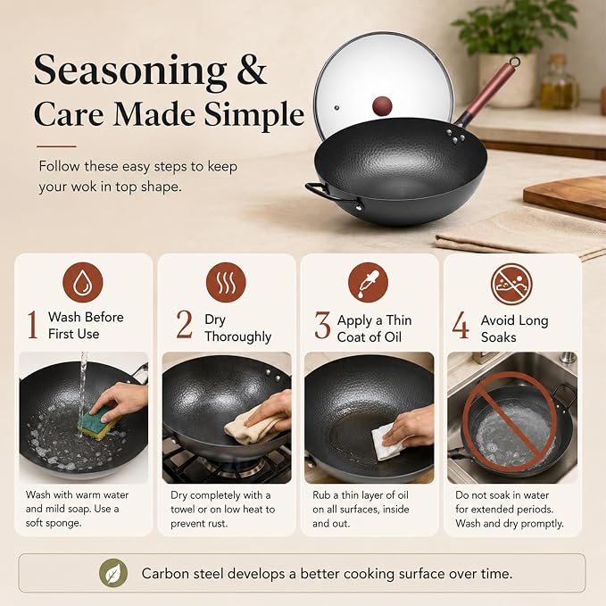 WANGYUANJI 13.4"(34cm) Carbon Steel Wok Pan with Lid,Large Flat Bottom Stir Fry Pan for Electric,Induction & Glass Top Stoves, High Stability No-Wobble Design, Lightweight Chinese Cookware, 4-6 People