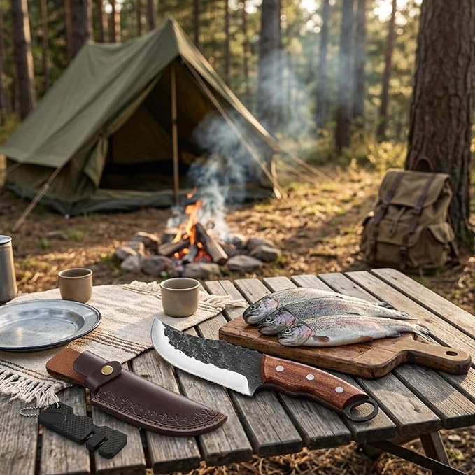 KOFERY Hand Forged Serbian Chef Knife and Viking Butcher Cleaver in 4Cr13MoV Steel with Full Tang Rosewood Handle for Camp & BBQ Butchering with Leather Sheath and Sharpener
