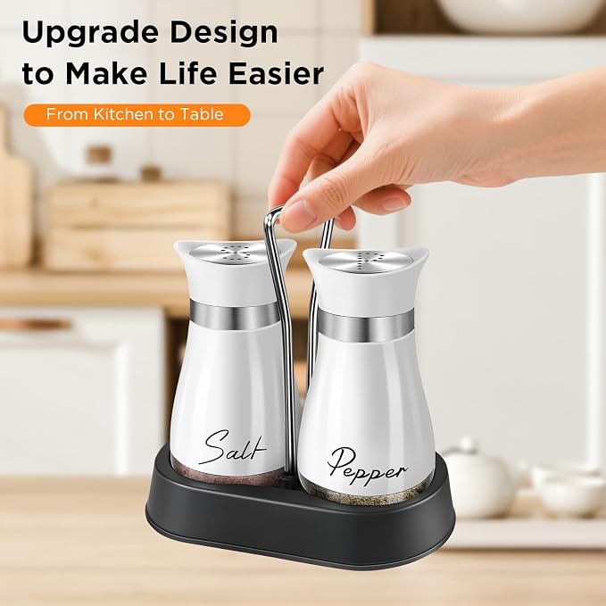 Salt and Pepper Shakers, Farmhouse Salt and Pepper Shakers Set with Holder, electroplated Handle, 4 oz Stainless Steel Glass Bottle Dispenser, for Table, RV, Camp, BBQ (White)