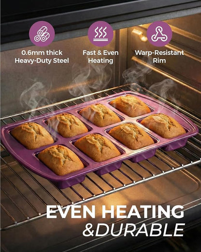 CARTMAN 2-Pack 8-Cavity Mini Loaf Pans Set with Spatula & Brush – 15.5” x 10” Nonstick Carbon Steel Small Bread Pan for Banana Bread, Meatloaf & Keto Snacks Plum Purple