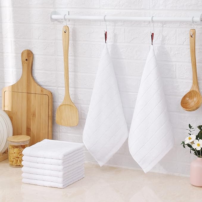 Mordimy 100% Cotton Terry Cloth Dish Cloths, Soft and Absorbent Checkered Dish Towels, Quick Drying Dish Rags for Washing Dishes, 6 Pack, 12 x 12 Inches, White
