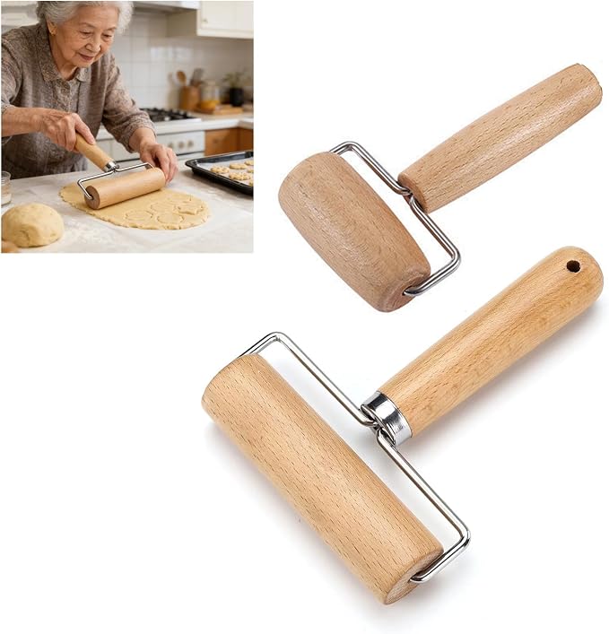 Small Rolling Pin Set of 2 - Mini Wooden Dough Roller with Ergonomic T-Handle for Baking, Pizza, Pasta & Crafts, Natural Solid Wood (5.4" & 6.3")