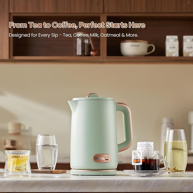 OLEGA Electric Kettle: 1200W Fast Boil Electric Water Kettles, 1.5L Double Wall Stainless Steel Tea Kettle, Auto Shut-Off, BPA-Free Hot Water Boiler Teapot for Coffee & Tea -Ligth Green