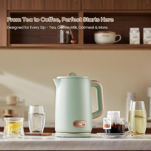 OLEGA Electric Kettle: 1200W Fast Boil Electric Water Kettles, 1.5L Double Wall Stainless Steel Tea Kettle, Auto Shut-Off, BPA-Free Hot Water Boiler Teapot for Coffee & Tea -Ligth Green
