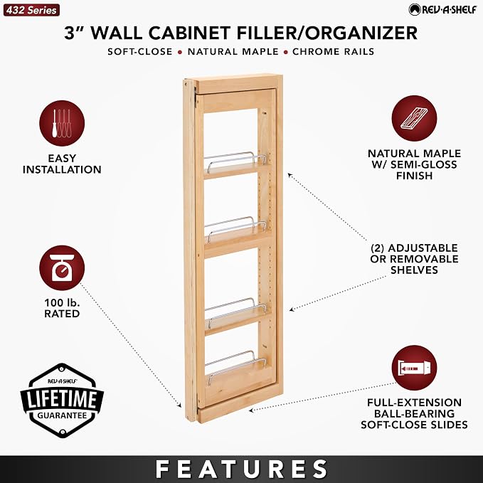 Rev-A-Shelf Kitchen Cabinet Pullout Wall Filler Wooden Organizer Slide Out Pantry Storage w/Soft-Close in Multiple Sizes, 3 x 36 in, 432-WFBBSC36-3C