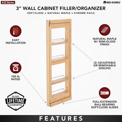 Rev-A-Shelf Kitchen Cabinet Pullout Wall Filler Wooden Organizer Slide Out Pantry Storage w/Soft-Close in Multiple Sizes, 3 x 36 in, 432-WFBBSC36-3C