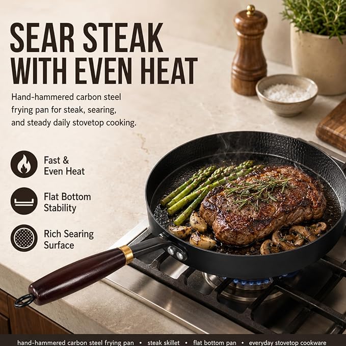 Calmabode 9.5” Hand-Hammered Carbon Steel Pan with Wooden Lid | Nitrided carbon steel, flat bottom, detachable wood handle, ideal for eggs, steak, searing, sautéing and daily cooking
