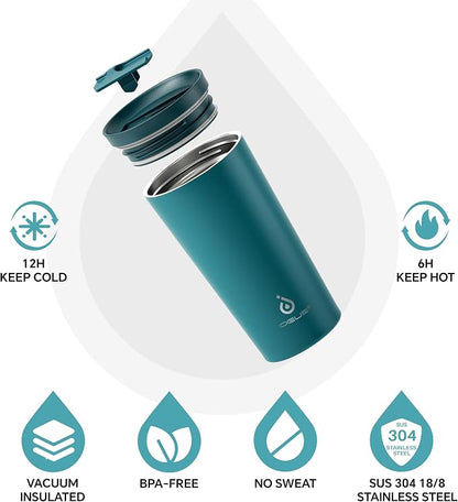 Ideus 17 oz Travel Coffee Mug, Double Wall Vacuum Stainless Steel Insulated Coffee Tumbler With Lid, Splash-Proof & Cup Holder Friendly, Keeps Drinks Hot/Cold, Dishwasher Safe, Peacock Blue