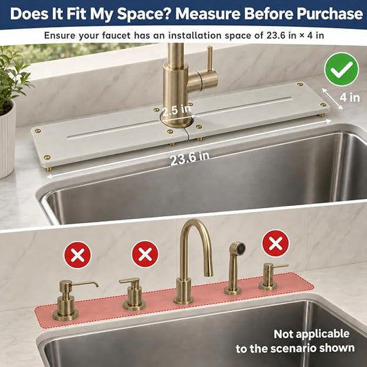 Stone Faucet Mat for Kitchen Sink, Water Absorbing Sink Tray Organizer for Bathroom Counter, Diatomite Soap Dish Coaster Caddy Riser, Sponge Holder Dispenser Mat, Gold Beige, 23.6" x 4"