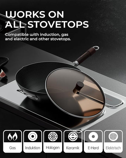 Carbon Steel Wok Pan, Tripole Nitrided Pre-Seasoned Flat Bottom Woks & Stir-Fry Pans Nonstick, Chinese Wok with Glass Lid for All Stovetops, Gift for Chef - 13.4 Inch