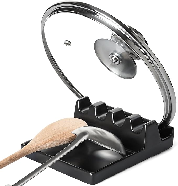 LE TAUCI Ceramic Spoon Rest with Lid Holder for Stove Top, Multi-Utensil Spoon and Pot Lid Rest for Kitchen Counter, 6.2" Heavy Duty Spatula Ladle Holder with Drip Pad, Kitchen Gadgets, Black