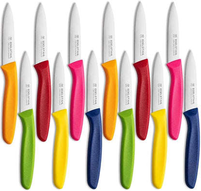 Paring and Garnishing Knife,Fruit Knife Set,12 Pieces Stainless Steel Paring Knives,Straight Edge Small Knife Set for Cutting Fruits and Vegetable,Spear Point,Ergonomic Handle,Multicolor