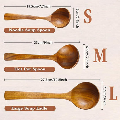 3Pcs Wooden Ladle for Soup, 3Size Natural Teak Wooden Cooking Spoons, Wood Soup Spoon for Serving, Stirring, Non-Stick Heat-Resistant, Kitchen Spoon Sets for Mom and Wife Cooking Gifts