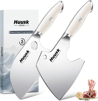 Huusk 2PC Butcher Knife Set - Ultra Sharp Serbian Chef Knife & Full Tang Bone Cleaver with Ivory White Handle, Heavy Duty Japanese Kitchen Axe Premium Gift for Women Men