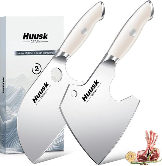 Huusk 2PC Butcher Knife Set - Ultra Sharp Serbian Chef Knife & Full Tang Bone Cleaver with Ivory White Handle, Heavy Duty Japanese Kitchen Axe Premium Gift for Women Men