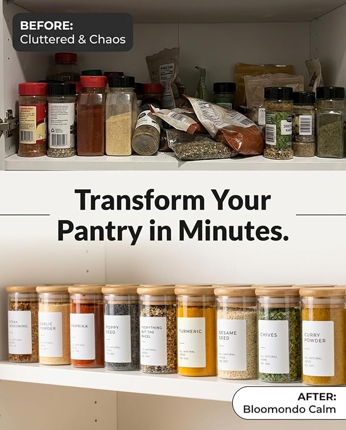 Bloomondo Glass Spice Jars with Label Pack (12x Bamboo Lid Glass Jar) Small 6oz Empty Spice Storage Bottles with 112 Printed Stickers and 48 Writable Pantry Labels for Seasoning Containers