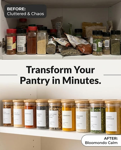 Bloomondo Glass Spice Jars with Label Pack (12x Bamboo Lid Glass Jar) Small 6oz Empty Spice Storage Bottles with 112 Printed Stickers and 48 Writable Pantry Labels for Seasoning Containers