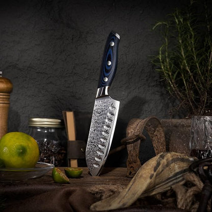 FANTECK Santoku Knife 5 Inch Damascus Japanese Steel Kitchen Knife,VG10 67-Layer High Carbon Full Tang Best Chef Santoku knives for Pro Chef&Restaurant, Blue G10 Handle,Gift Box&Sheath