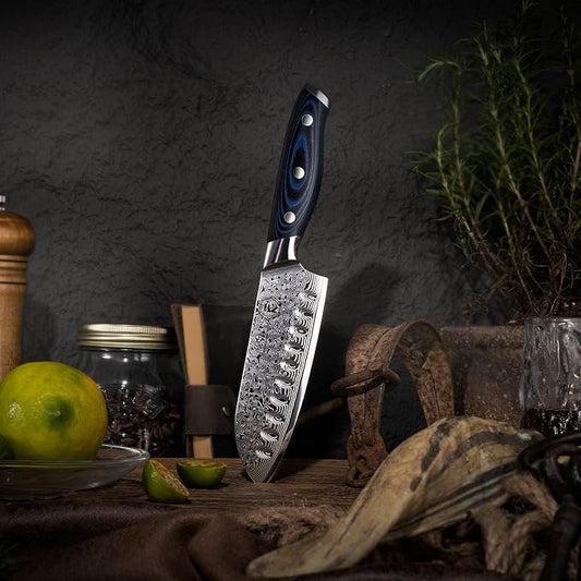 FANTECK Santoku Knife 5 Inch Damascus Japanese Steel Kitchen Knife,VG10 67-Layer High Carbon Full Tang Best Chef Santoku knives for Pro Chef&Restaurant, Blue G10 Handle,Gift Box&Sheath