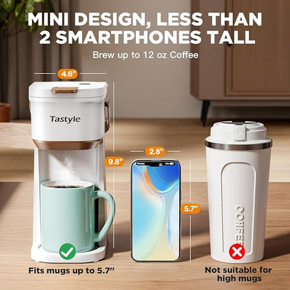 Tastyle Single Serve One Cup Coffee Maker, for K Cups and Grounds, Mini Coffee Maker with Portable Handle, 6 to 12 Oz Brew Size, for Travel, Camping, Office, RV and Dorm, 120V, White and Brown
