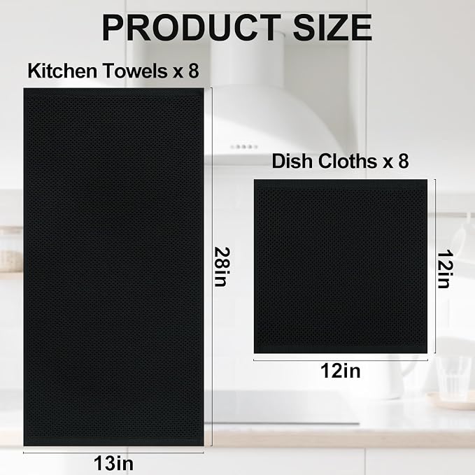 Homaxy 100% Cotton Kitchen Towels and Dishcloths Set, 12 x 12 Inches and 13 x 28 Inches, Set of 16 Bulk Kitchen Towels Set, Ultra Soft Absorbent Dish Cloths for Washing Dishes, Black