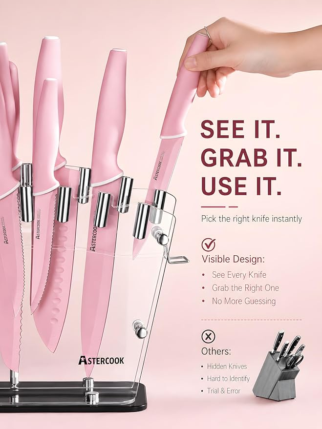 Astercook Knife Set with Block and Sharpener, 22 Piece Kitchen Knife Set Dishwasher Safe, Space-Saving Clear Knife Block with Knives for Everyday Home Cooking Pink