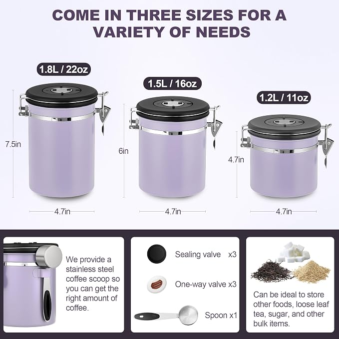 ShanSon Coffee Canister Airtight, Stainless Steel Bean Storage Container with Date Tracker & Scoop, Grounds Sugar Flour Tea Cereal Fits Kitchen Pantry, Ideal Gift for Coffee Lovers,22oz, Purple