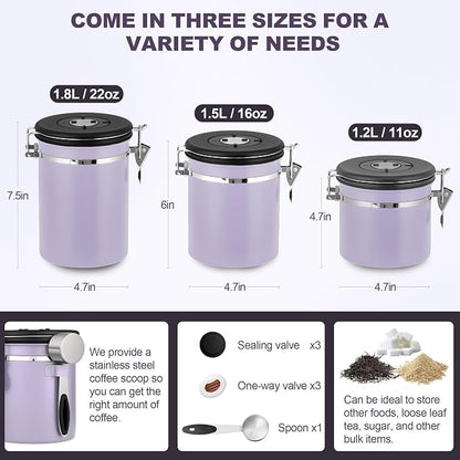 ShanSon Coffee Canister Airtight, Stainless Steel Bean Storage Container with Date Tracker & Scoop, Grounds Sugar Flour Tea Cereal Fits Kitchen Pantry, Ideal Gift for Coffee Lovers,22oz, Purple