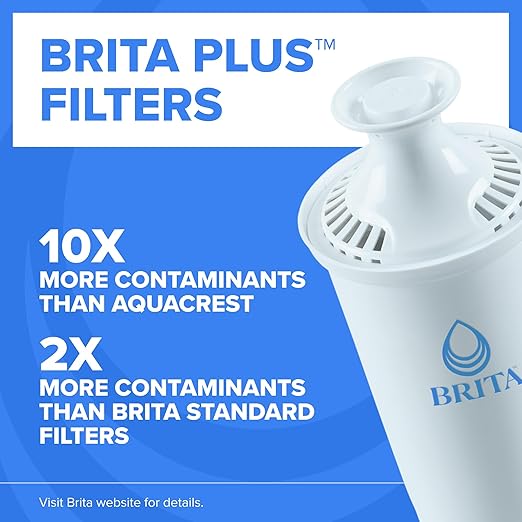Brita Small 6-Cup Water Filter Pitcher with BritaPlus Filter, WQA NSF/ANSI Certified, Reduces 2X Contaminants vs. Standard, Removes Chlorine Taste & Odor, Reduces Zinc Copper Mercury, Stone Blue