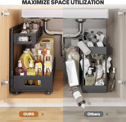 2 Pack 21IN-Depth Under Sink Organizer,Pull Out Cabinet Organizer With Smooth Cylindrical Rail,Metal Slide Out Drawer for Kitchen Bathroom Laundry,8-Level Tool Free Height Adjustable-Black