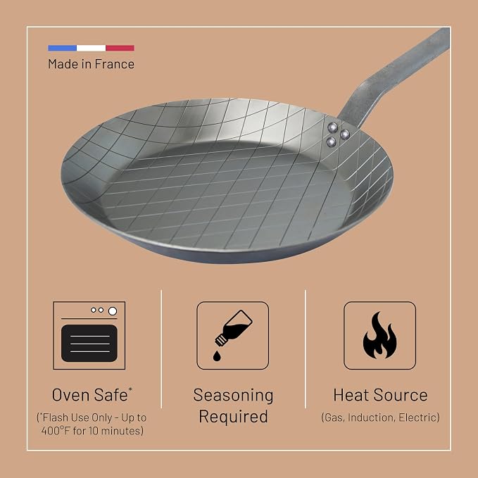 de Buyer MINERAL B Carbon Steel Steak Pan - 11” Diameter, 8.4” Cooking Surface - Ideal for Searing & Browning Meat - Naturally Non-Stick Finish - Made in France
