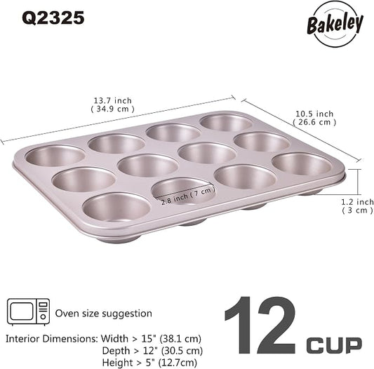 Muffin Cake Pan 12-Cavity, Heavy Duty Carbon Steel, Non-Stick Cupcake Pan, Bakeware for Oven Baking Brownies, Cheesecakes (Champagne Gold)