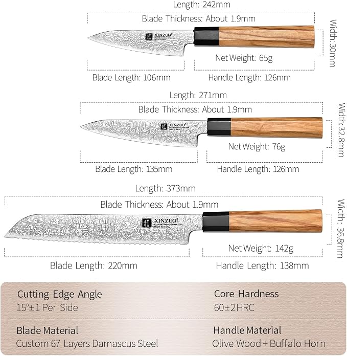 XINZUO 5 Pieces Kitchen Knife Set without Block, Hand Forged 67 Layers Damascus Steel Professional Chef Knife Set,Ultra Sharp,Olive Wood Octagonal Handle