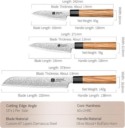 XINZUO 5 Pieces Kitchen Knife Set without Block, Hand Forged 67 Layers Damascus Steel Professional Chef Knife Set,Ultra Sharp,Olive Wood Octagonal Handle