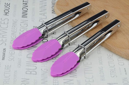 HINMAY 7-Inch Stainless Steel Tongs with Silicone Tips, Set of 3 (Purple) | 7-Inch Locking Metal Food Tongs